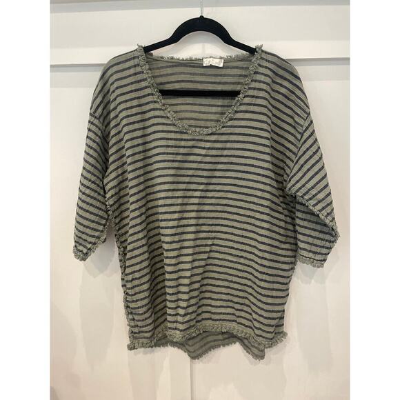 Italian Made Raw Fringe Hem Cotton Striped Lightweight Tunic - Picture 1 of 7